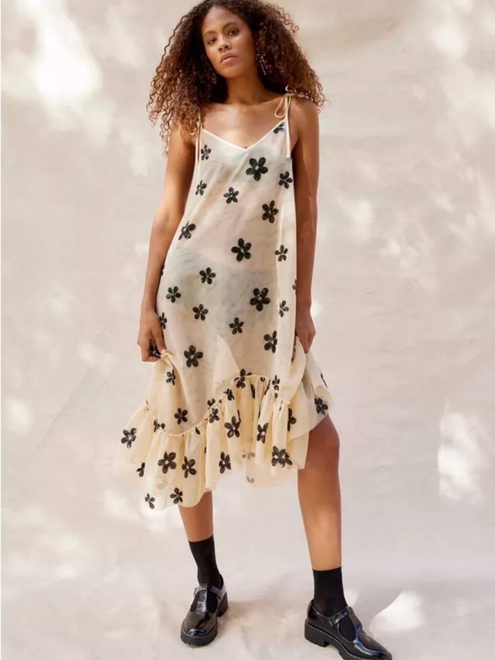 SIZE S Urban Outfitters Beige Mesh Slip with Black Sequin Appliqué